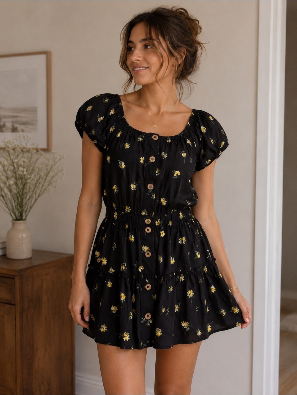 Eberjey M Elsie Mini Dress Nostalgia Garden black with yellow floral print NWT